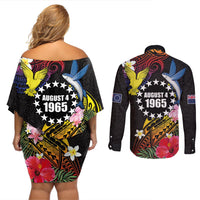 Cook Islands Independence Day Couples Matching Off Shoulder Short Dress and Long Sleeve Button Shirt Maroro and Kakaia with Hibiscus Flower Polynesian Pattern LT03 - Polynesian Pride