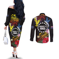Cook Islands Independence Day Couples Matching Off The Shoulder Long Sleeve Dress and Long Sleeve Button Shirt Maroro and Kakaia with Hibiscus Flower Polynesian Pattern LT03 - Polynesian Pride