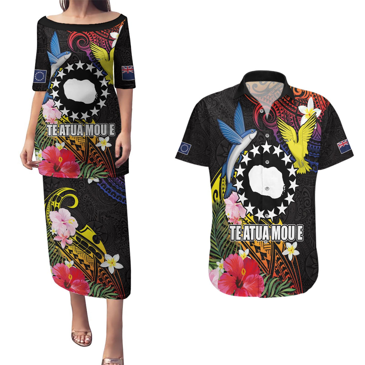 Cook Islands Independence Day Couples Matching Puletasi and Hawaiian Shirt Maroro and Kakaia with Hibiscus Flower Polynesian Pattern LT03 Black - Polynesian Pride