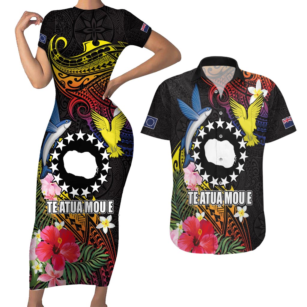 Cook Islands Independence Day Couples Matching Short Sleeve Bodycon Dress and Hawaiian Shirt Maroro and Kakaia with Hibiscus Flower Polynesian Pattern LT03 Black - Polynesian Pride