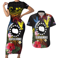 Cook Islands Independence Day Couples Matching Short Sleeve Bodycon Dress and Hawaiian Shirt Maroro and Kakaia with Hibiscus Flower Polynesian Pattern LT03 Black - Polynesian Pride