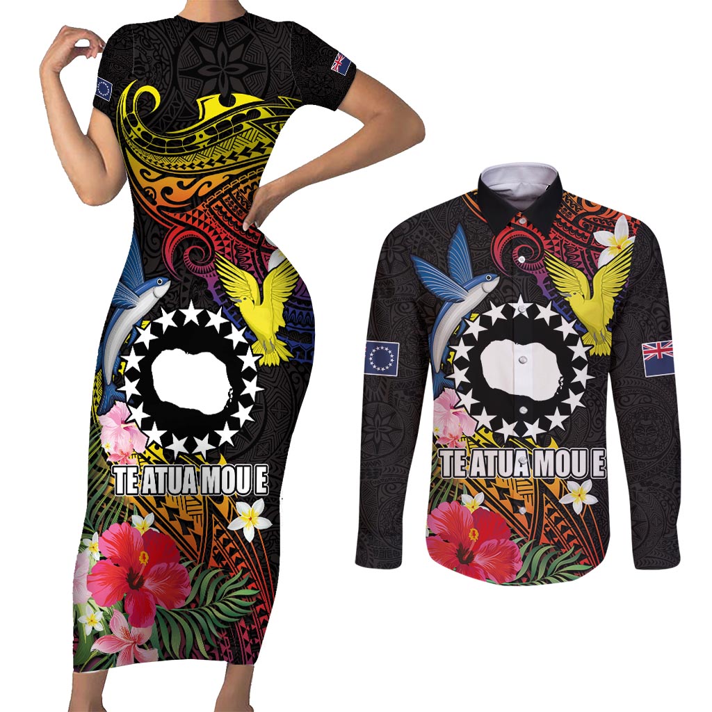 Cook Islands Independence Day Couples Matching Short Sleeve Bodycon Dress and Long Sleeve Button Shirt Maroro and Kakaia with Hibiscus Flower Polynesian Pattern LT03 Black - Polynesian Pride