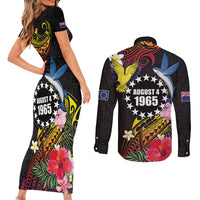 Cook Islands Independence Day Couples Matching Short Sleeve Bodycon Dress and Long Sleeve Button Shirt Maroro and Kakaia with Hibiscus Flower Polynesian Pattern LT03 - Polynesian Pride