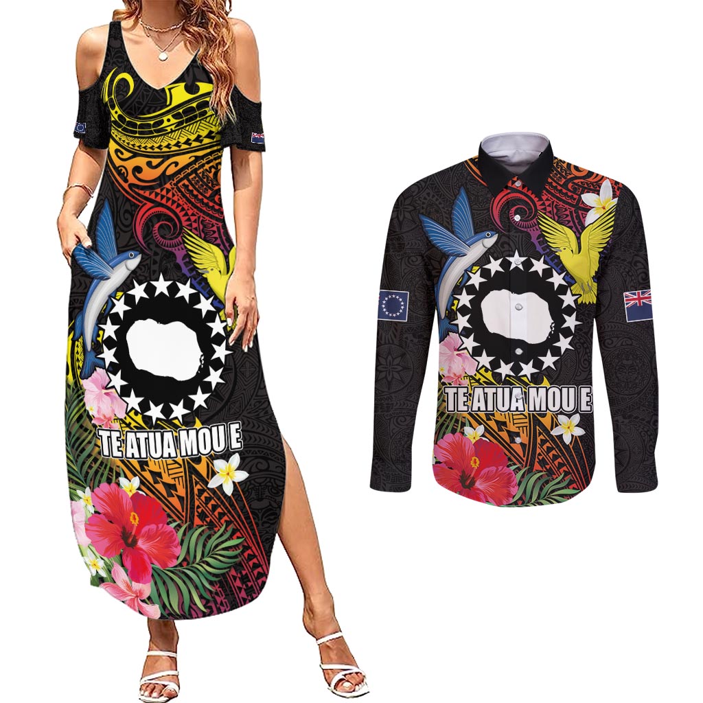 Cook Islands Independence Day Couples Matching Summer Maxi Dress and Long Sleeve Button Shirt Maroro and Kakaia with Hibiscus Flower Polynesian Pattern LT03 Black - Polynesian Pride