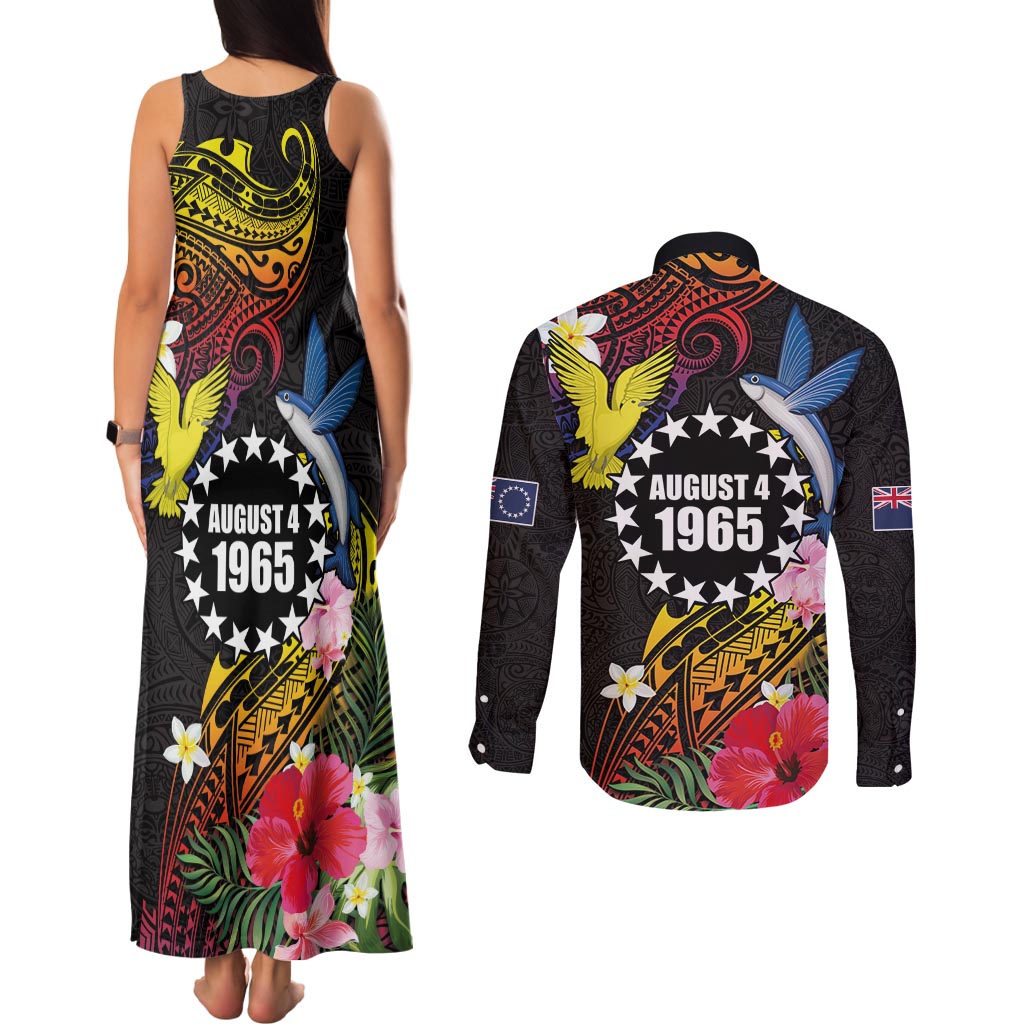 Cook Islands Independence Day Couples Matching Tank Maxi Dress and Long Sleeve Button Shirt Maroro and Kakaia with Hibiscus Flower Polynesian Pattern LT03 - Polynesian Pride