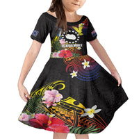 Cook Islands Independence Day Family Matching Off The Shoulder Long Sleeve Dress and Hawaiian Shirt Maroro and Kakaia with Hibiscus Flower Polynesian Pattern LT03 Daughter's Dress Black - Polynesian Pride