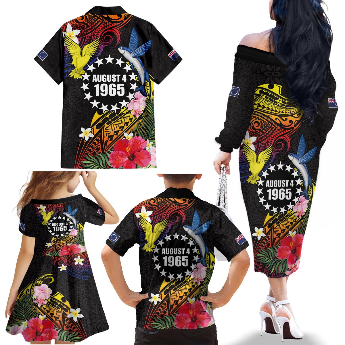 Cook Islands Independence Day Family Matching Off The Shoulder Long Sleeve Dress and Hawaiian Shirt Maroro and Kakaia with Hibiscus Flower Polynesian Pattern LT03 - Polynesian Pride
