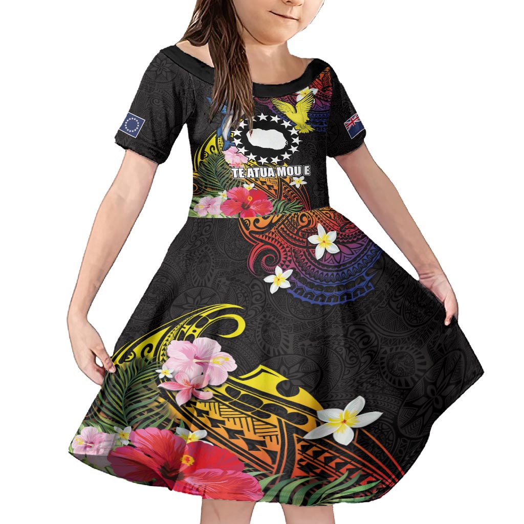 Cook Islands Independence Day Family Matching Off Shoulder Maxi Dress and Hawaiian Shirt Maroro and Kakaia with Hibiscus Flower Polynesian Pattern LT03 Daughter's Dress Black - Polynesian Pride