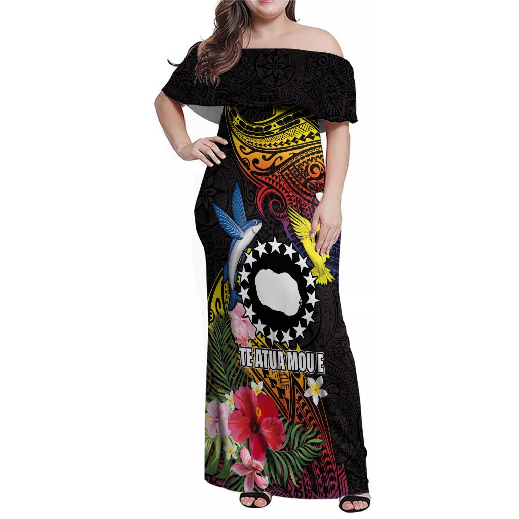 Cook Islands Independence Day Family Matching Off Shoulder Maxi Dress and Hawaiian Shirt Maroro and Kakaia with Hibiscus Flower Polynesian Pattern LT03 Mom's Dress Black - Polynesian Pride