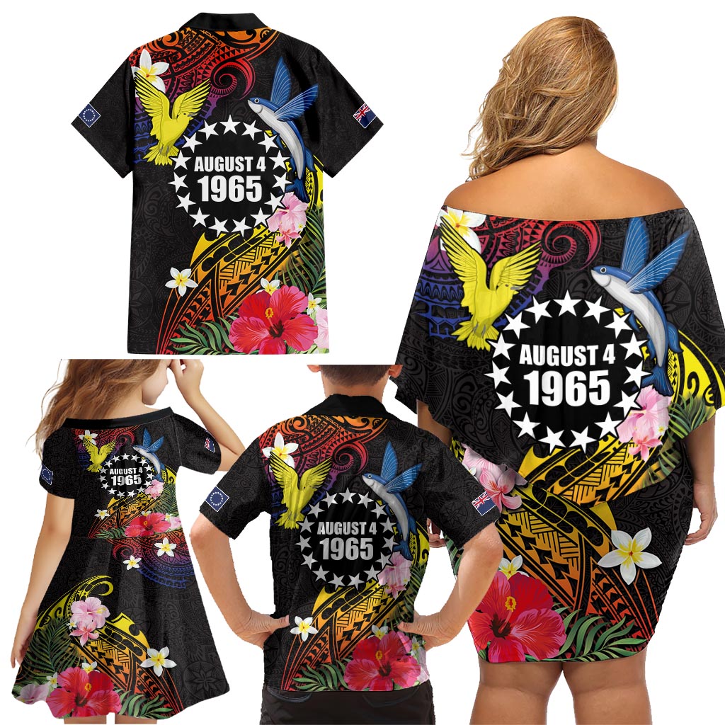 Cook Islands Independence Day Family Matching Off Shoulder Short Dress and Hawaiian Shirt Maroro and Kakaia with Hibiscus Flower Polynesian Pattern LT03 - Polynesian Pride