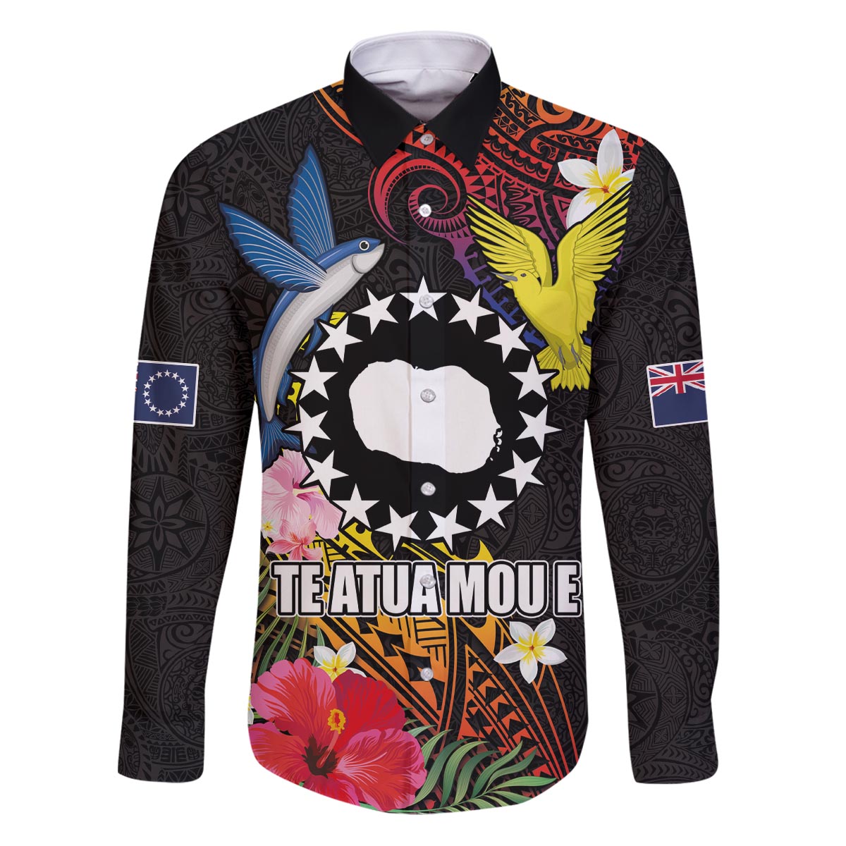 Cook Islands Independence Day Family Matching Puletasi and Hawaiian Shirt Maroro and Kakaia with Hibiscus Flower Polynesian Pattern LT03 Dad's Shirt - Long Sleeve Black - Polynesian Pride