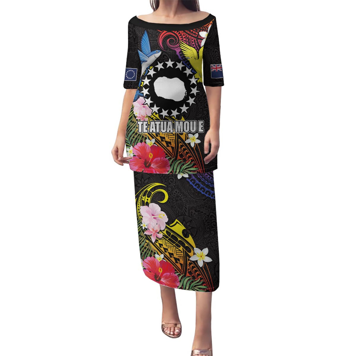 Cook Islands Independence Day Family Matching Puletasi and Hawaiian Shirt Maroro and Kakaia with Hibiscus Flower Polynesian Pattern LT03 Mom's Dress Black - Polynesian Pride
