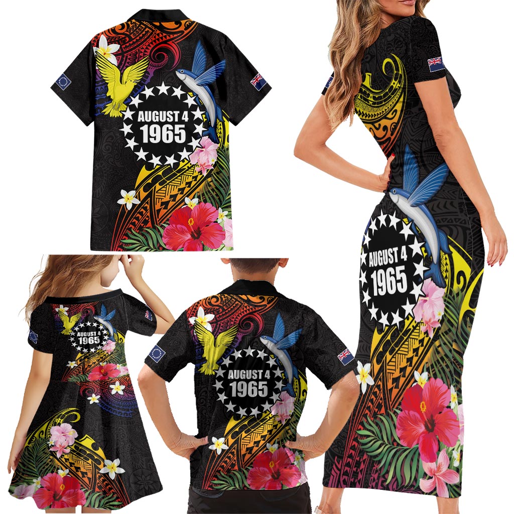 Cook Islands Independence Day Family Matching Short Sleeve Bodycon Dress and Hawaiian Shirt Maroro and Kakaia with Hibiscus Flower Polynesian Pattern LT03 - Polynesian Pride