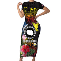 Cook Islands Independence Day Family Matching Short Sleeve Bodycon Dress and Hawaiian Shirt Maroro and Kakaia with Hibiscus Flower Polynesian Pattern LT03 Mom's Dress Black - Polynesian Pride