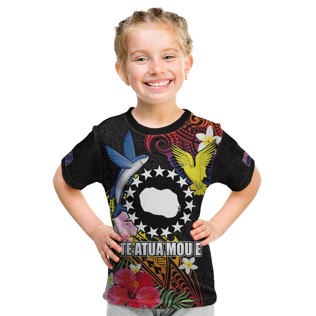 Cook Islands Independence Day Kid T Shirt Maroro and Kakaia with Hibiscus Flower Polynesian Pattern LT03 Black - Polynesian Pride
