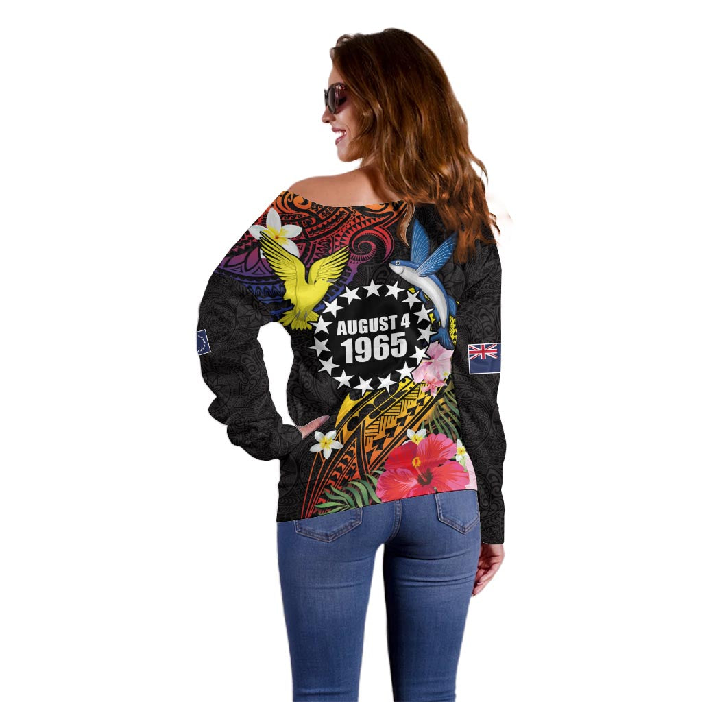 Cook Islands Independence Day Off Shoulder Sweater Maroro and Kakaia with Hibiscus Flower Polynesian Pattern