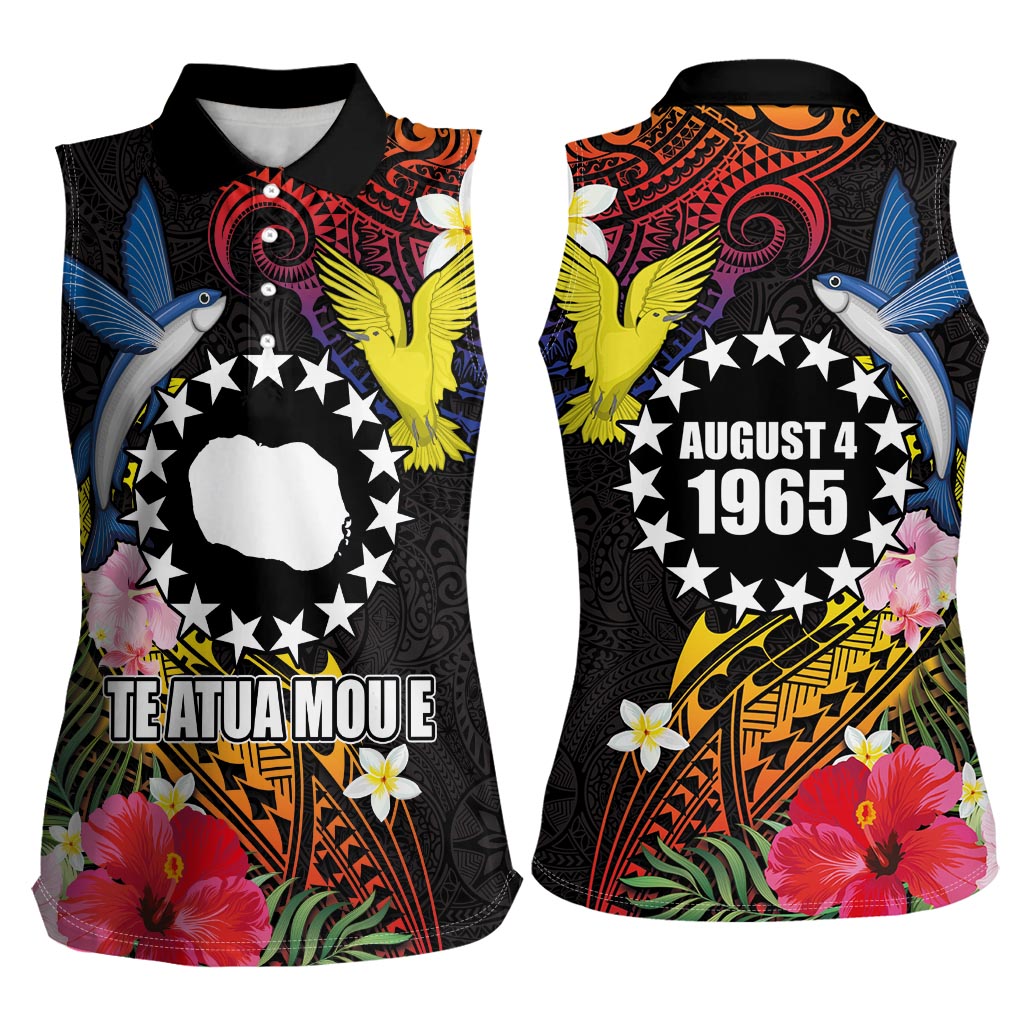 Cook Islands Independence Day Women Sleeveless Polo Shirt Maroro and Kakaia with Hibiscus Flower Polynesian Pattern LT03 - Polynesian Pride