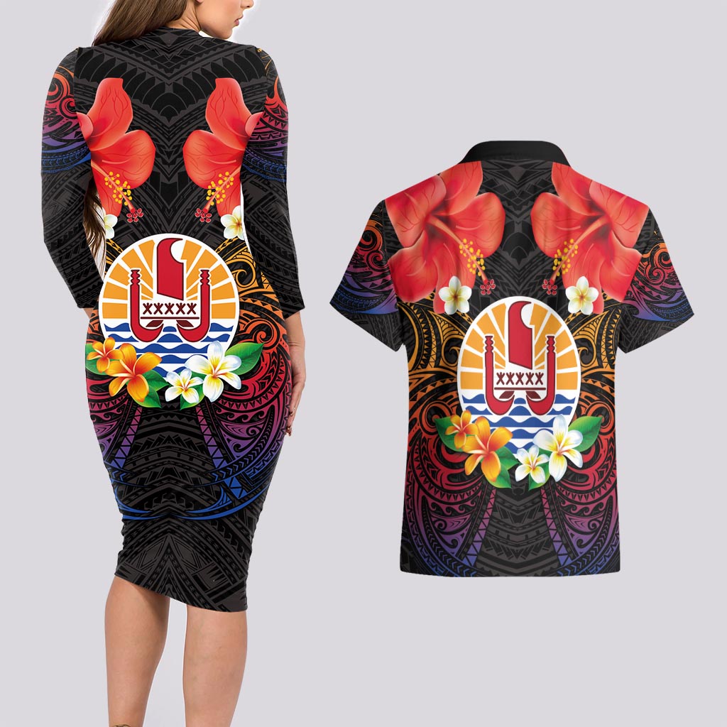 French Polynesia Bastille Day Couples Matching Long Sleeve Bodycon Dress and Hawaiian Shirt Tiare Flower and National Seal Polynesian Pattern LT03 - Polynesian Pride