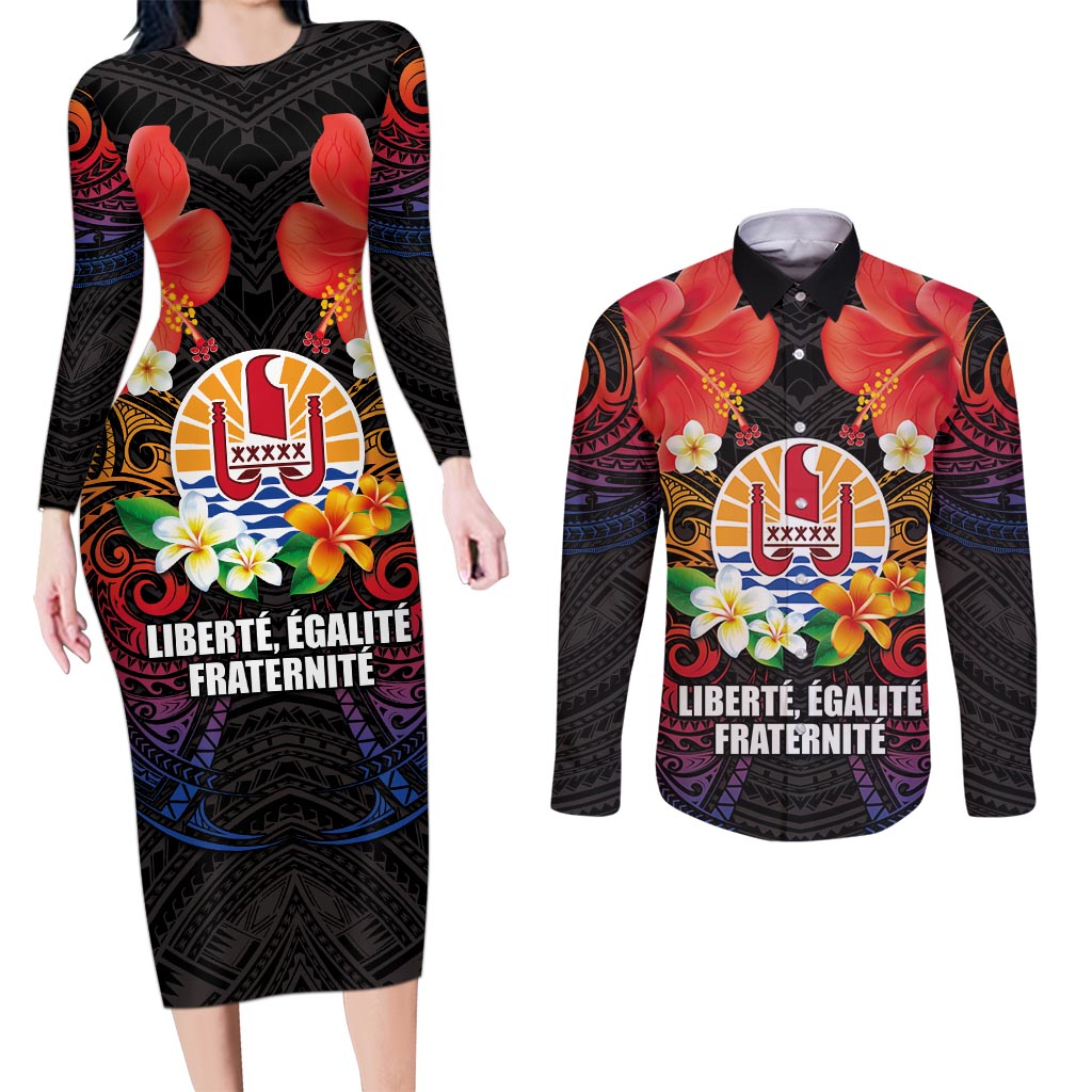 French Polynesia Bastille Day Couples Matching Long Sleeve Bodycon Dress and Long Sleeve Button Shirt Tiare Flower and National Seal Polynesian Pattern LT03 Black - Polynesian Pride