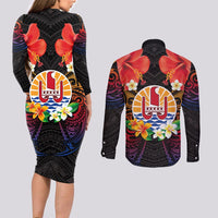 French Polynesia Bastille Day Couples Matching Long Sleeve Bodycon Dress and Long Sleeve Button Shirt Tiare Flower and National Seal Polynesian Pattern LT03 - Polynesian Pride