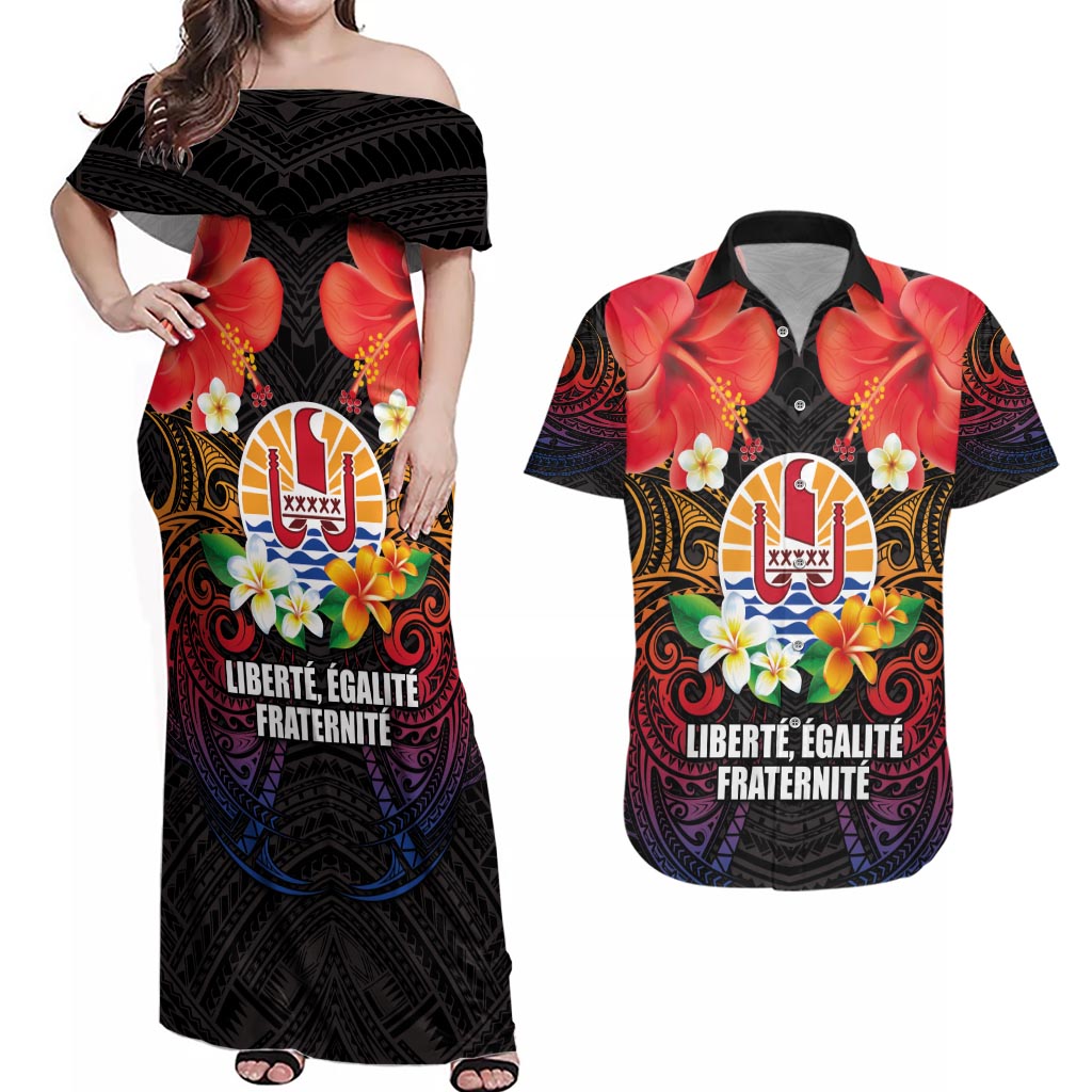 French Polynesia Bastille Day Couples Matching Off Shoulder Maxi Dress and Hawaiian Shirt Tiare Flower and National Seal Polynesian Pattern LT03 Black - Polynesian Pride