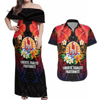French Polynesia Bastille Day Couples Matching Off Shoulder Maxi Dress and Hawaiian Shirt Tiare Flower and National Seal Polynesian Pattern LT03 Black - Polynesian Pride