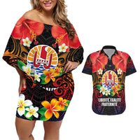 French Polynesia Bastille Day Couples Matching Off Shoulder Short Dress and Hawaiian Shirt Tiare Flower and National Seal Polynesian Pattern LT03 Black - Polynesian Pride