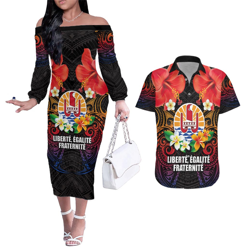 French Polynesia Bastille Day Couples Matching Off The Shoulder Long Sleeve Dress and Hawaiian Shirt Tiare Flower and National Seal Polynesian Pattern LT03 Black - Polynesian Pride