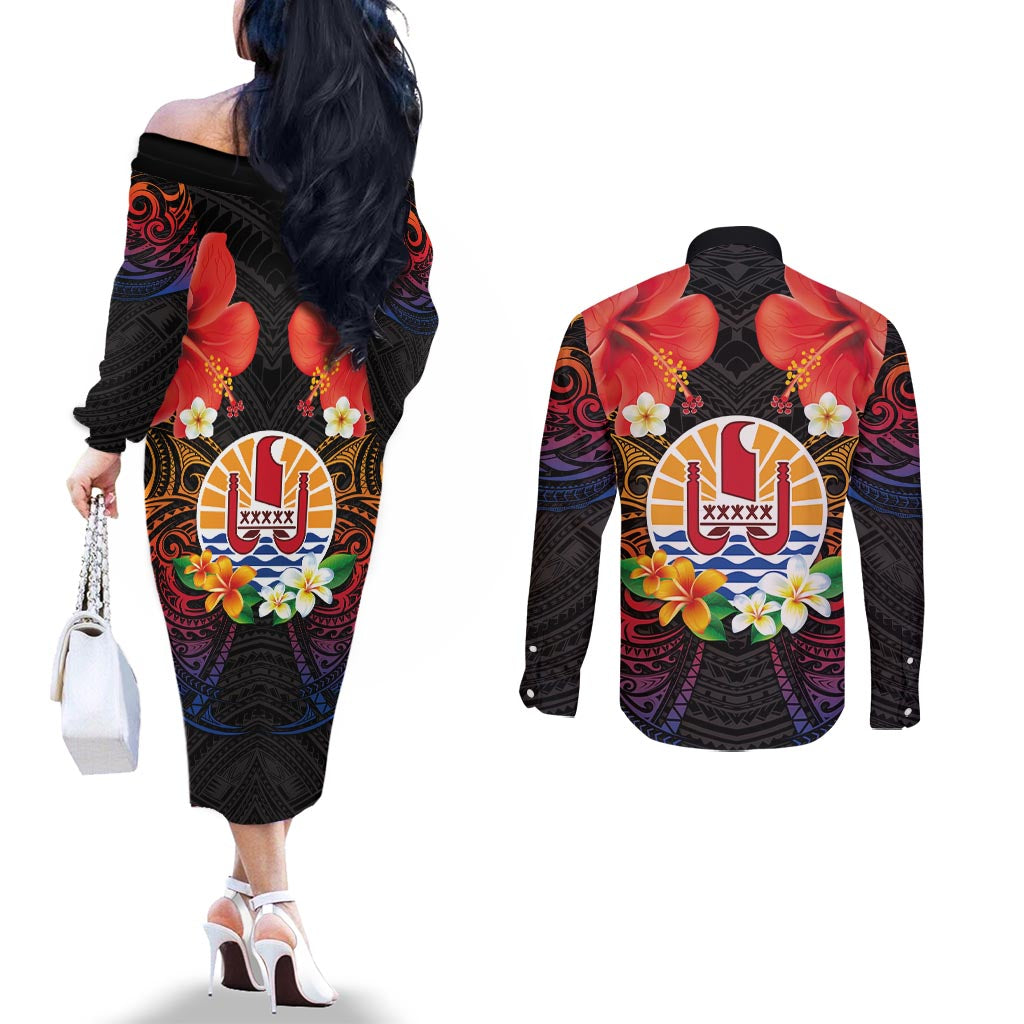 French Polynesia Bastille Day Couples Matching Off The Shoulder Long Sleeve Dress and Long Sleeve Button Shirt Tiare Flower and National Seal Polynesian Pattern LT03 - Polynesian Pride