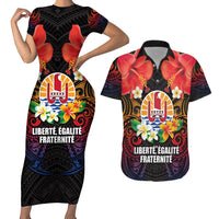 French Polynesia Bastille Day Couples Matching Short Sleeve Bodycon Dress and Hawaiian Shirt Tiare Flower and National Seal Polynesian Pattern LT03 Black - Polynesian Pride