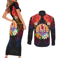 French Polynesia Bastille Day Couples Matching Short Sleeve Bodycon Dress and Long Sleeve Button Shirt Tiare Flower and National Seal Polynesian Pattern LT03 - Polynesian Pride