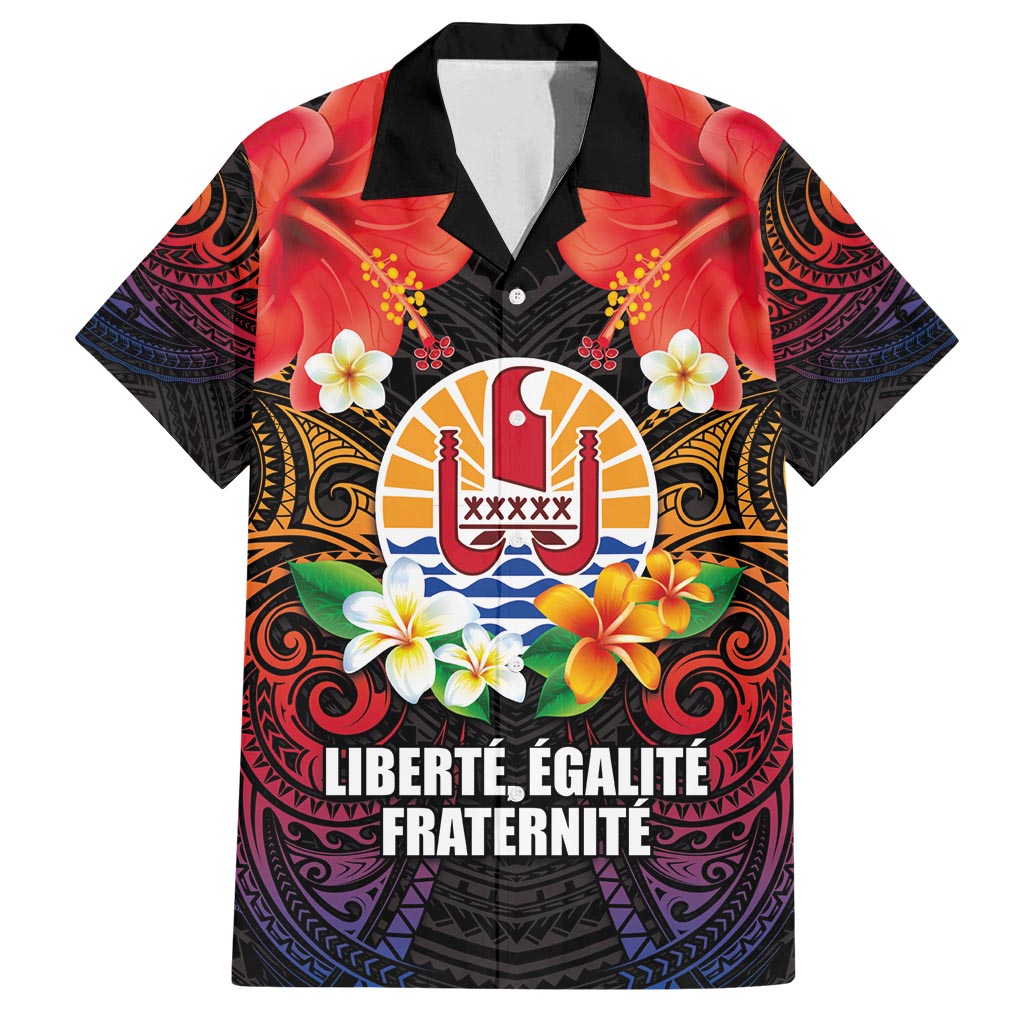 French Polynesia Bastille Day Family Matching Long Sleeve Bodycon Dress and Hawaiian Shirt Tiare Flower and National Seal Polynesian Pattern LT03 Dad's Shirt - Short Sleeve Black - Polynesian Pride