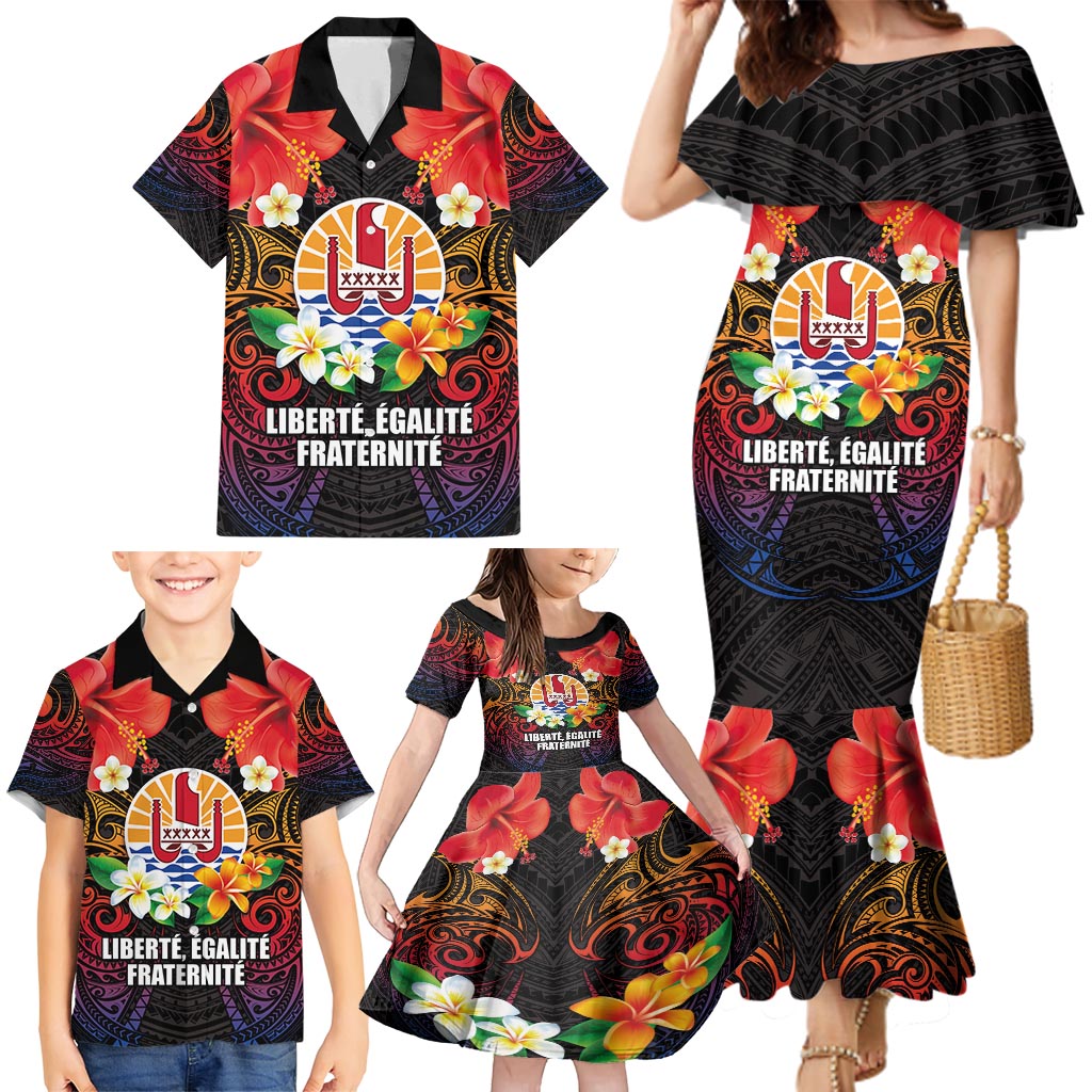 French Polynesia Bastille Day Family Matching Mermaid Dress and Hawaiian Shirt Tiare Flower and National Seal Polynesian Pattern LT03 - Polynesian Pride