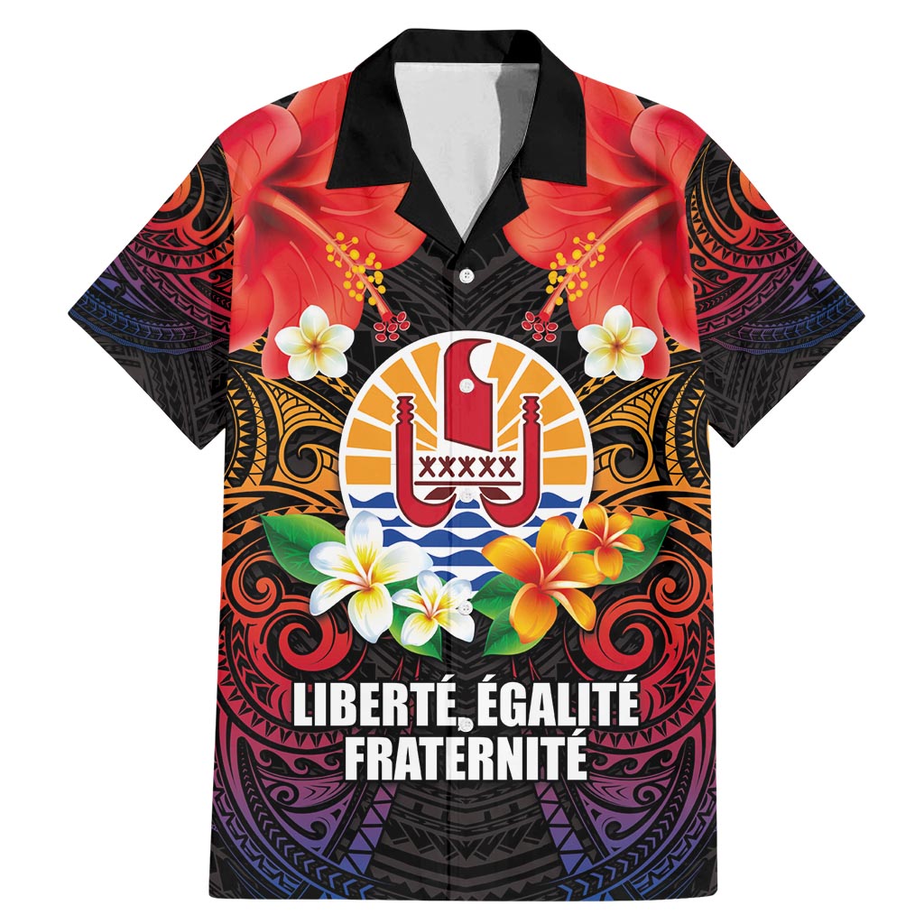 French Polynesia Bastille Day Family Matching Mermaid Dress and Hawaiian Shirt Tiare Flower and National Seal Polynesian Pattern LT03 Dad's Shirt - Short Sleeve Black - Polynesian Pride