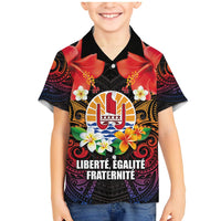 French Polynesia Bastille Day Family Matching Mermaid Dress and Hawaiian Shirt Tiare Flower and National Seal Polynesian Pattern LT03 Son's Shirt Black - Polynesian Pride