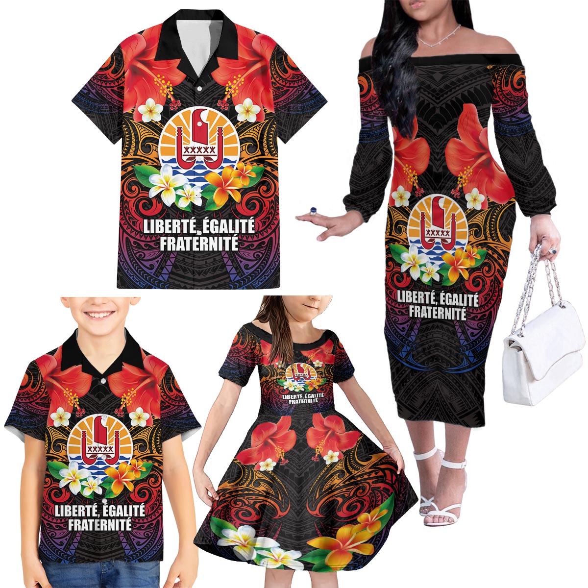 French Polynesia Bastille Day Family Matching Off The Shoulder Long Sleeve Dress and Hawaiian Shirt Tiare Flower and National Seal Polynesian Pattern LT03 - Polynesian Pride