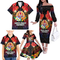 French Polynesia Bastille Day Family Matching Off The Shoulder Long Sleeve Dress and Hawaiian Shirt Tiare Flower and National Seal Polynesian Pattern LT03 - Polynesian Pride