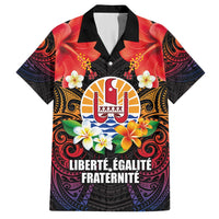 French Polynesia Bastille Day Family Matching Off Shoulder Maxi Dress and Hawaiian Shirt Tiare Flower and National Seal Polynesian Pattern LT03 Dad's Shirt - Short Sleeve Black - Polynesian Pride