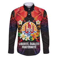 French Polynesia Bastille Day Family Matching Off Shoulder Maxi Dress and Hawaiian Shirt Tiare Flower and National Seal Polynesian Pattern LT03 Dad's Shirt - Long Sleeve Black - Polynesian Pride