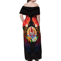 French Polynesia Bastille Day Family Matching Off Shoulder Maxi Dress and Hawaiian Shirt Tiare Flower and National Seal Polynesian Pattern LT03 - Polynesian Pride