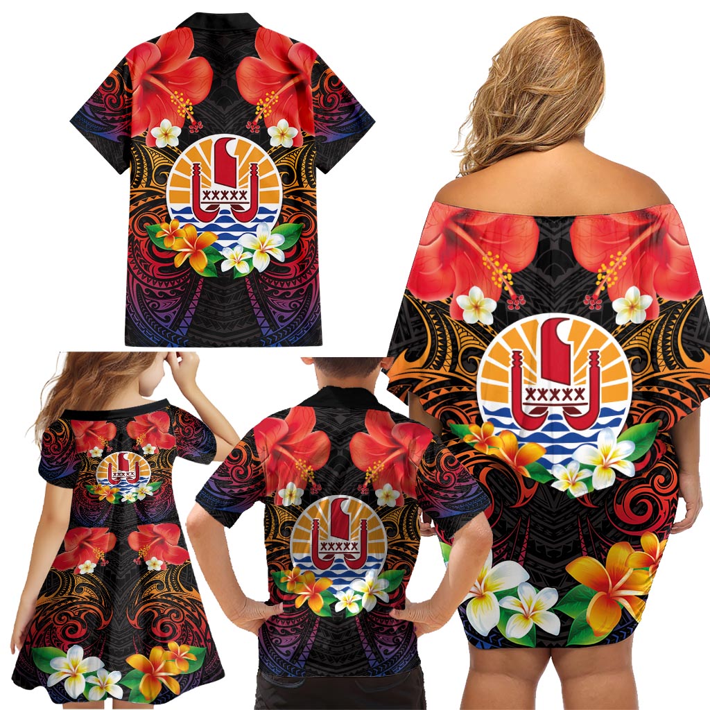 French Polynesia Bastille Day Family Matching Off Shoulder Short Dress and Hawaiian Shirt Tiare Flower and National Seal Polynesian Pattern LT03 - Polynesian Pride