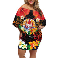 French Polynesia Bastille Day Family Matching Off Shoulder Short Dress and Hawaiian Shirt Tiare Flower and National Seal Polynesian Pattern LT03 Mom's Dress Black - Polynesian Pride