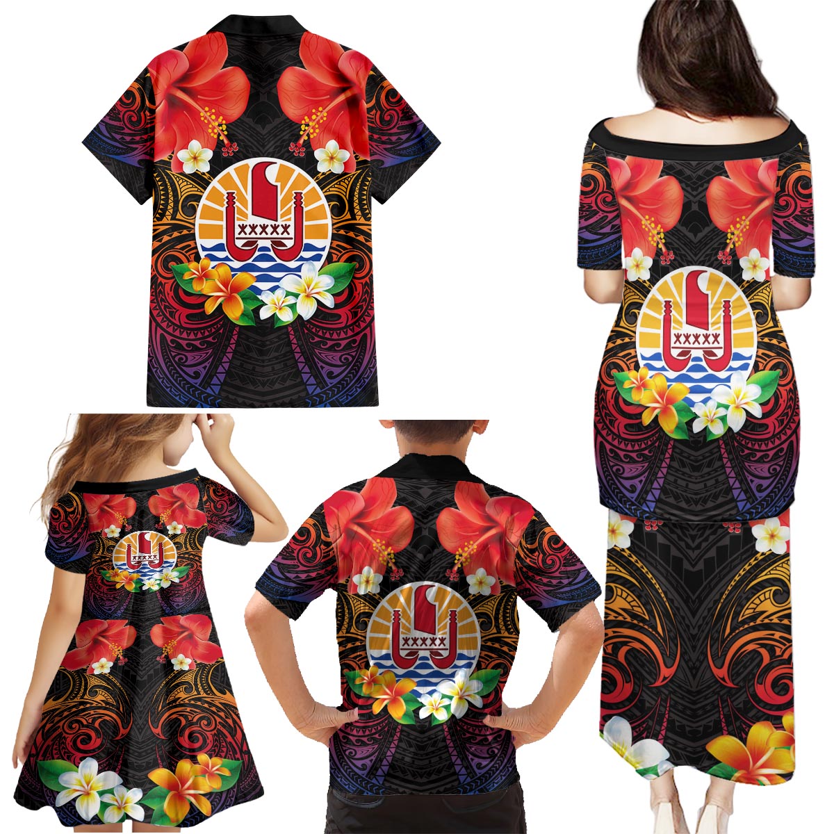 French Polynesia Bastille Day Family Matching Puletasi and Hawaiian Shirt Tiare Flower and National Seal Polynesian Pattern LT03 - Polynesian Pride