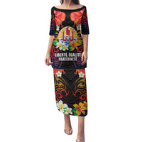 French Polynesia Bastille Day Family Matching Puletasi and Hawaiian Shirt Tiare Flower and National Seal Polynesian Pattern LT03 Mom's Dress Black - Polynesian Pride