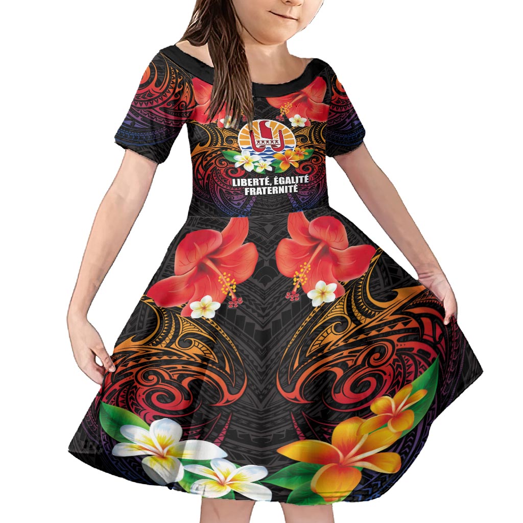French Polynesia Bastille Day Family Matching Summer Maxi Dress and Hawaiian Shirt Tiare Flower and National Seal Polynesian Pattern LT03 Daughter's Dress Black - Polynesian Pride