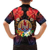 French Polynesia Bastille Day Kid Hawaiian Shirt Tiare Flower and National Seal Polynesian Pattern