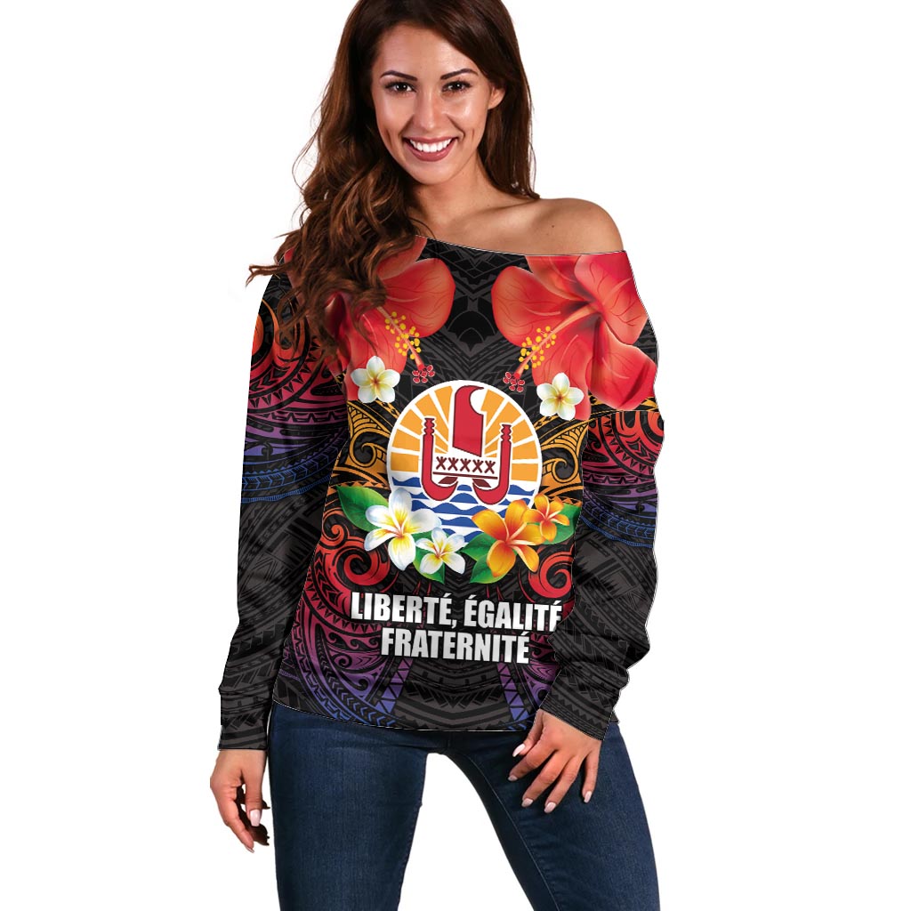 French Polynesia Bastille Day Off Shoulder Sweater Tiare Flower and National Seal Polynesian Pattern