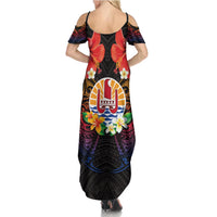French Polynesia Bastille Day Summer Maxi Dress Tiare Flower and National Seal Polynesian Pattern
