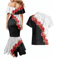 Hawaii Red Hibiscus Flowers Couples Matching Mermaid Dress and Hawaiian Shirt Polynesian Pattern With Half Black White Version