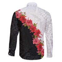 Hawaii Red Hibiscus Flowers Family Matching Long Sleeve Bodycon Dress and Hawaiian Shirt Polynesian Pattern With Half Black White Version